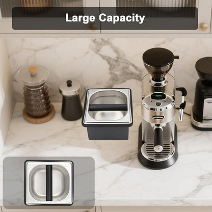 Espresso Knock Box, Coffee Knock Box for Espresso Grounds Disposal, Large Capacity, Equipped with Noise, Reduction Rubber Ring & Steel Holder, Ideal Tool for Espresso Machines, Black (Small)