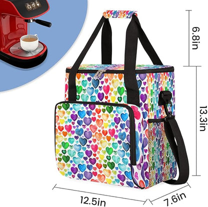 Watercolor Rainbow Hearts Pattern Coffee Maker Carring Bag Travel Storage Tote Bag Compatible with Keurig K-Mini or K-Mini Plus Portable Single Serve Coffee Brewer Case with Pockets for K-cup Pods