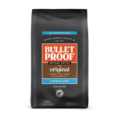 Bulletproof Original Medium Roast Ground Cold Brew Coffee, 12 Ounces, Clean and Tested for Toxins, Smooth Artisan Coffee Ground for Cold Brew Iced Coffee