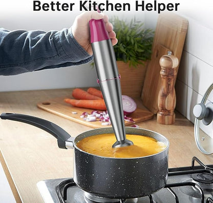 Immersion Blender Handheld Corded Hand Blenders Set 1100W, Trigger Variable Speed 5 in 1 Stick Emulsifier with Chopper, Whisk and Frother for Soup, Baby Food and Smoothies, Rose Red
