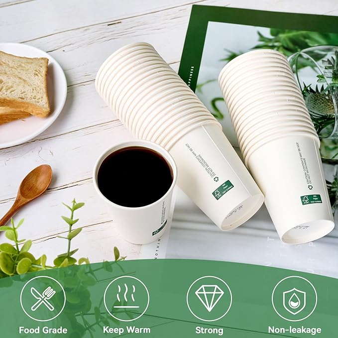 LITOPAK 200 Count 8 oz Disposable Paper Coffee Cup, White FSC Paper Hot Coffee Cups for Multiple Drinks for Office, Store, Home