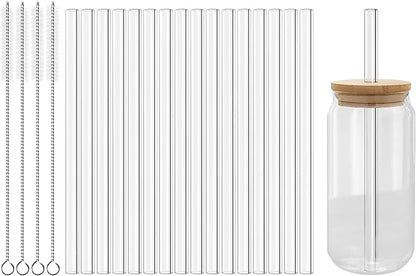Lazycorner Reusable Glass Straws Set 16 Pcs 8.5''x 10MM Straight Clear Glass Drinking Straws, Set of 16 with 4 Cleaning Brushes. Reusable Straws Perfect For Smoothies, Tea, Juice-Clear Cocktail.