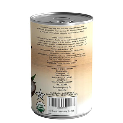 True Organic Unsweetened Coconut Milk 13.5 Fl oz - No Guar Gum, Gluten-Free, Vegan and Kosher - 18% Coconut Milk Fat (12-Pack)