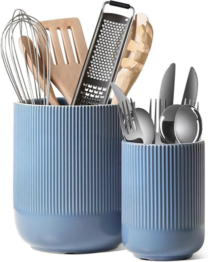 LE TAUCI Utensil Holder, 7.3"+5.4" Ceramic Kitchen Utensil Holder for Countertop, Large Cooking Utensil Crocks for Kitchen Counter, Morden Utensil Organizer for Spatula, Set of 2, Dusty Blue