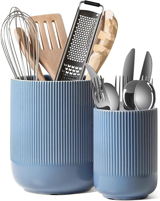 LE TAUCI Utensil Holder, 7.3"+5.4" Ceramic Kitchen Utensil Holder for Countertop, Large Cooking Utensil Crocks for Kitchen Counter, Morden Utensil Organizer for Spatula, Set of 2, Dusty Blue