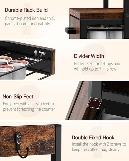 K Cup Holder, 35 Pod Capacity, Coffee Pod Holder Compatible with Keurig, Coffee Station Organizer for Countertop with Cup Rack, Rustic Brown