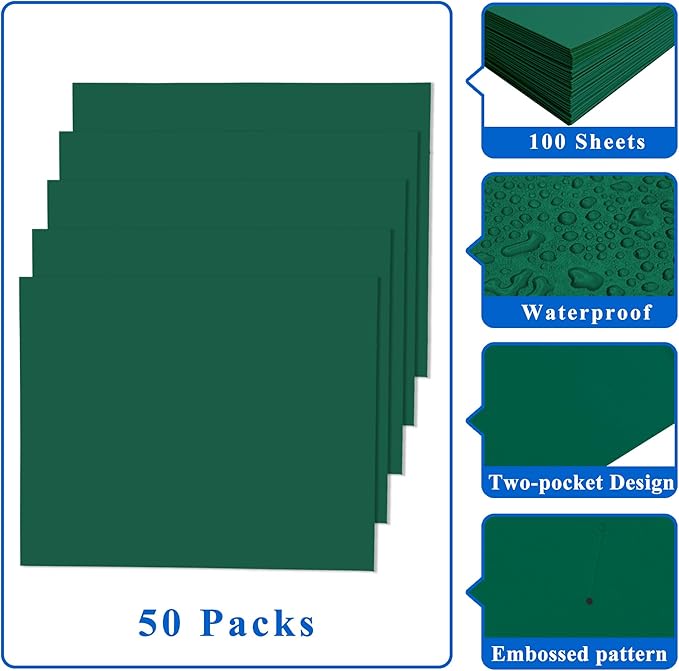 Zzrywuty File Folders with Pockets Letter Size, 50-Pack Paper Folders with Card Slot, Two Pocket Folders for School Students, Businessmen, Home and Office Workers（Dark Green）