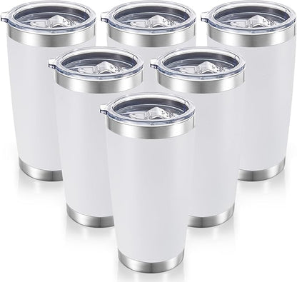 20 oz Tumblers Bulk Stainless Steel Tumbler with Lid Double Wall Vacuum Insulated Coffee Mug 20oz Powder Coated Cup for Hot and Cold Drinks, White, 6 pack