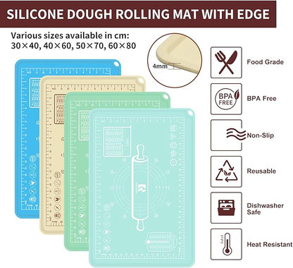 Silicone Baking Mat 20"L x 28"W, Extra Thick Dough Rolling Pad with Measurements and Edge Heightening, Non-stick Food Grade Silicone Pastry Mat for Pastry, Bread, Cookies