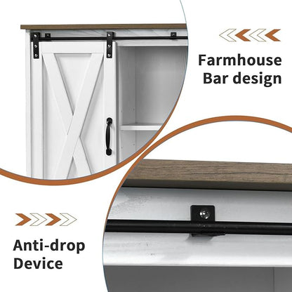 4 EVER WINNER Coffee Bar Cabinet with Sliding Barn Doors, 42”Farmhouse Buffet Cabinet with Storage for Kitchen, Coffee Bar with Adjustable Shelf for Dining Room, White