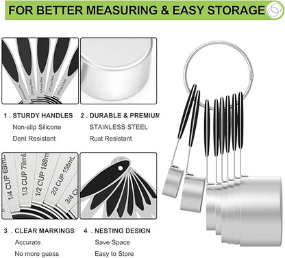 Measuring Cups and Spoons - Wildone Stainless Steel 20 Piece Stackable Set, Includes 8 Black Measuring Cups, 10 Measuring Spoons, 1 Leveler & 1 Whisk, for Dry and Liquid Ingredient