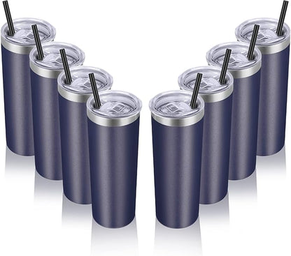 VEGOND Stainless Steel Tumblers Bulk 8 Pack, 20 oz Vacuum Insulated Skinny Tumblers with Lid and Straw, Double Wall Coffee Mug, Travel Water Cup, Navy Blue