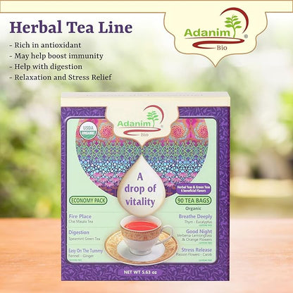Adanim Bio Tea Sampler Gift Set Box, 6 Flavors Organic Herbal Tea Set, Total of 90 Tea Bags, Full of Aroma Scented Fragrance, Tea Lovers Gift Ideas For Christmas