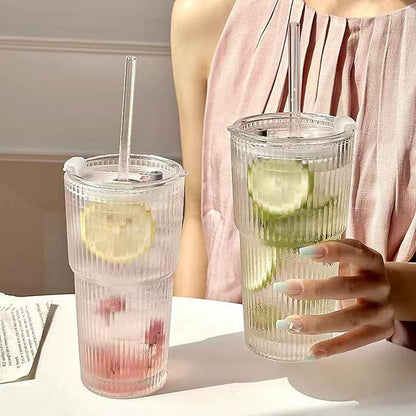 2 Pack Iced Coffee Cup with Lids, 20oz Clear Glass Tumbler with Straw & Lid, Ribbed Glassware Cups, Dishwasher Safe Drinking Glasses, Stylish Glass Cups for Coffee, Juice, Tea, Matcha