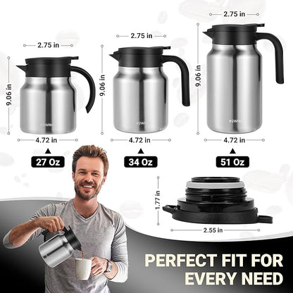 34Oz Thermal Coffee Carafes For Keeping Hot/Cold, Stainless Steel Coffee Carafe, Dustproof Insulated Water Carafe for Party/Home,Silver