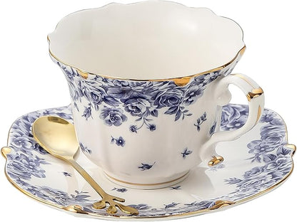 TATSUMI Country Roses Bone China Tea Cup and Saucer Set, 3 Pieces, Vintage Style, For Women and Tea Parties（sky blue，1 set）