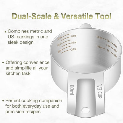 1PCS 1/3Cup (80ml, 2.6oz) Single Measuring Cup, Etched Inner Scale Stainless Steel Measure Scoop, Metric and US Measurement, Dishwasher Safe