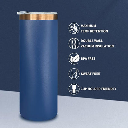 20 oz Skinny Tumblers Bulk 8 Pack, Stainless Steel Insulated Tumbler with Lids and Straws, Slim Double Wall Powder Coated Travel Coffee Mugs Reusable Cup for Hot Cold Drinks (Navy,8 pack)