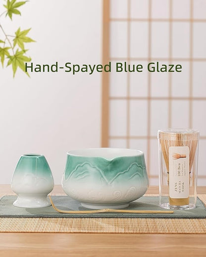 ZENS Matcha Whisk Set, Ceramic Matcha Set Includes Matcha Bowl, Matcha Whisk and Holder, Bamboo Scoop & Tea Towel - 5Pcs Matcha Kit for Matcha Ceremony, Blue