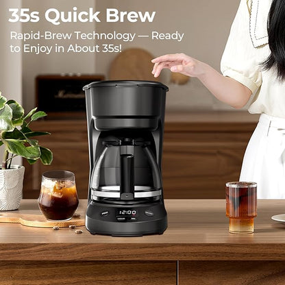 5-Cup Drip Coffee Maker with 24h Programmable Timer, Compact Coffee Machine with Food-grade Glass Carafe, 2h Keep Warm with Auto Shut-off, Delay Brew, 25oz Water Tank, Ideal for Home/Office