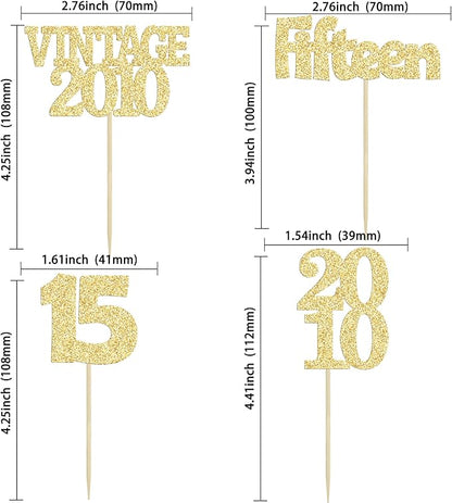Gyufise 24Pcs Sweet 15 Cupcake Toppers Glitter Fifteen Vintage 2010 15th Birthday Cupcake Picks Hello 15 Years Birthday Cake Decorations for Happy 15th Anniversary Party Supplies Gold
