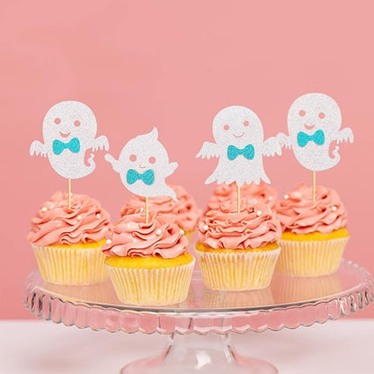 24Pcs Ghost Cupcake Toppers - Bule Halloween, Bule and White Halloween Birthday Decorations, Bule Halloween Baby Shower Decor, Ghost Decorations, Halloween Gender Reveal Decorations
