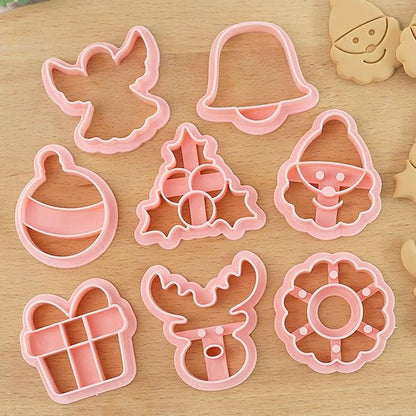 8Pcs Christmas Cookie Cutters, 3D Cookie Cutter Set, Snowman Deer Gift Cutters Cake Baking Fondant Embosser Stamps Christmas Party DIY Cake Decorating Tools