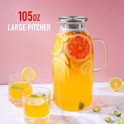 Glass Pitcher, veecom 105 Oz Large Glass Water Pitcher with Handle and Lid, Pitchers for Drinks, Iced Tea Pitcher for Fridge, Lemonade Juice Jugs