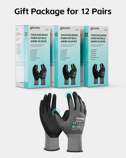 DULFINE Safety Work Gloves MicroFoam Nitrile Coated-12 Pairs Pack,Seamless Knit Nylon Glove with Black Micro-Foam Nitrile Grip,Ideal for General Purpose,Automotive,Home Improvement,Painting(Large)