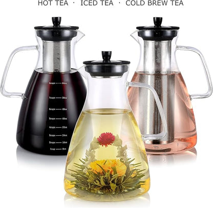Teabloom Extra-Large Multi-Brew Glass Teapot + Kettle + Pitcher (68 OZ / 2.0 L / 8 CUPS) – For Hot Tea, Iced Tea, Cold Brew Tea and Fruit Infused Water – Volume Markings For Precise Brewing