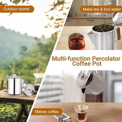 No Coating 12 Cup Percolator Coffee Pot 304 Stainless Steel Moka Pot Stovetop Espresso Maker Italian Greca Cuban Machine 2200ml 74.4oz Suitable for Gas Induction Stovetop Camping Kettle