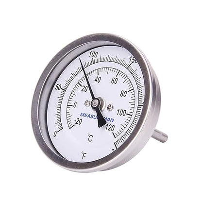 MEASUREMAN Fully Stainless Steel Pot, Kettle, Brewing Bimetal Thermometer, 3" Dial, 2-1/2" Stem, 0-250 deg F/-20-120 deg C, -1% Accuracy, Adjustable, 1/2" NPT Back Mount