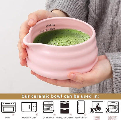 2pcs Matcha Bowl with Whisk Holder, Ceramic Pink Matcha Bowl with Spout, 16.5OZ Porcelain Bowl with Measurement Marks, Tea Mixing Bowl with Whisk Stand, Gfit for mom/daughter/girls (pink)