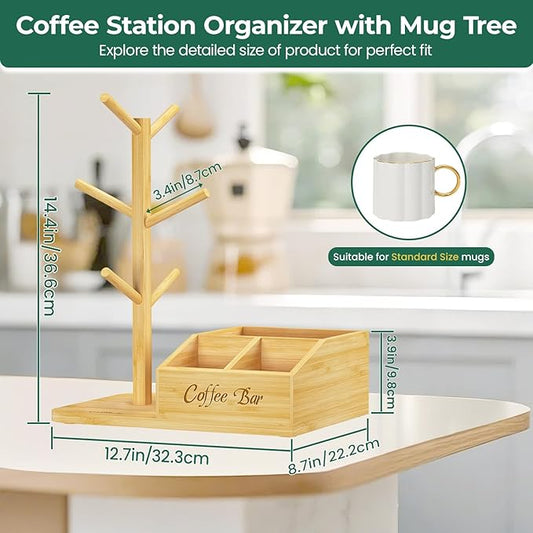 EsLuker.ly Mug Tree Holder Stand, Countertop Bamboo Coffee Cup Organizer Rack for Kitchen Office, Space-Saving Coffee Station Bar Organizer with 6 Hooks, Modern Design Enhances Decor