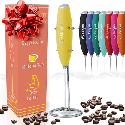Elementi Milk Frother Handheld - Electric Coffee Mixer for Lattes, Cappuccinos and Cold Foam - Compact Drink Frother Wand for Barista-Style Beverages - Yellow