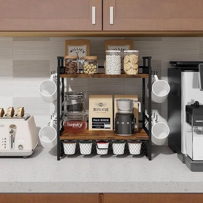 Coffee Bar Organizer, 3 Tier Coffee Station Organizer for Countertop, Mug Cup Holder Stand with 12 Hooks, with K Cup Storage Drawer, Tea Organizers Accessories for Home Office