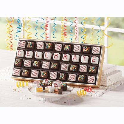 The Swiss Colony Celebrate Petits Fours Cake Assortment – 36 Hand-Decorated Mini Layer Cakes in Vanilla, Chocolate, and Strawberry – Gourmet Dessert Gift Box