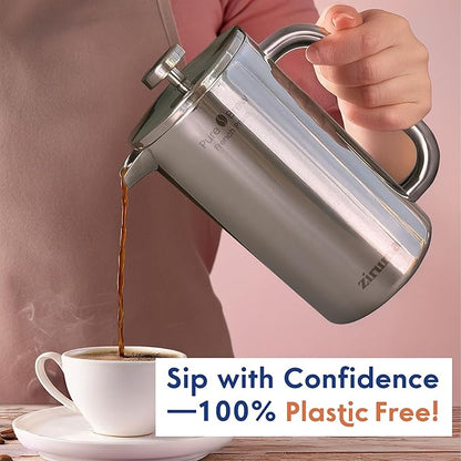 Ziruma Non-Toxic French Press, Surgical Stainless Steel Coffee Press, Plastic-Free, Heavy Metal-Free, No Endocrine Disruptors, 34 Oz, Double Wall, 4-Layer Filter, Portable Coffee Maker