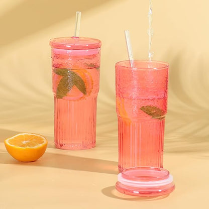 20 OZ Glass Cup with Lids and Glass Straws, High Borosilicate Iced Coffee Glass Tumblers with Lid and Straw for Drinks, 2pcs Reusable Wide Mouth Smoothie Cup(Red)