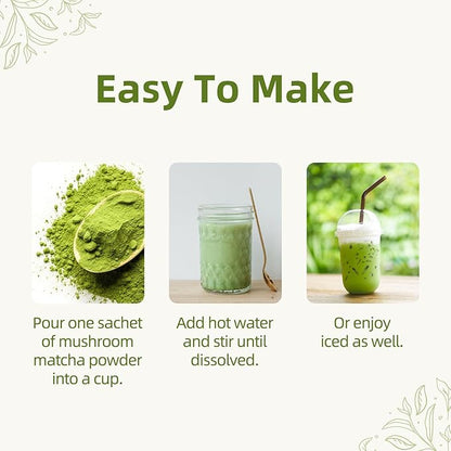 GANOHERB Mushroom Matcha Powder Latte Mix, 7.4 Ounce, 7 Superfood Mushrooms with 25% Beta-Glucans, Lions Mane, Reishi, Chaga, Coconut Powder, Ceremonial Grade Matcha Tea