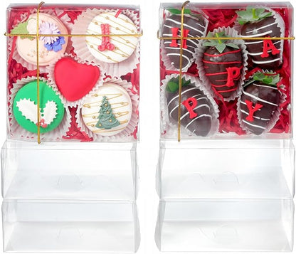 RomanticBaking 25PCS 5x5x2 Inches Full Clear Cookies & Cake Boxes - Strawberries, Chocolate, Cinnamon Roll & Mini Cake Boxes