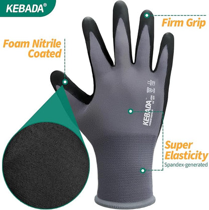 12 Pairs Work Gloves for Men and Women, Nitrile Coated Safety Protective Gloves with Grip, Ideal for Gardening, Warehouse, Mechanic, Light Duty Construction Work,Large