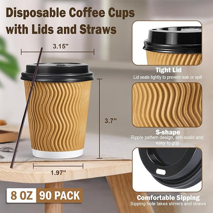 90 Pack - 8 oz Disposable Coffee Cups with Lids and Straws,To go Coffee Cups,Insulated Corrugated Paper Cups,Kraft Ripple Wall Cups for Hot Beverage or Cold Drinks -Champagne