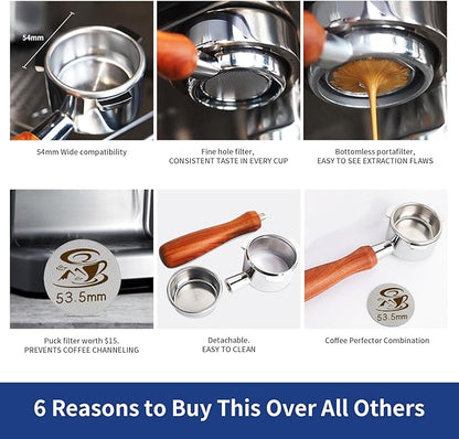 54mm Bottomless Portafilter - 3-Ear Stainless Steel - For Breville Barista Express (BES870, 878, 875, 840, Duo-Temp Pro) - Solid Wood Handle