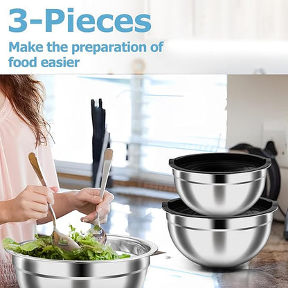 TeamFar Mixing Bowls, 4.6/3 / 1.5 QT, Stainless Steel Nesting Salad Bowls with Airtight Lids Set, For Serving/Mixing/Storing, Healthy & Long-lasting, Dishwasher Safe & Easy Clean, Black