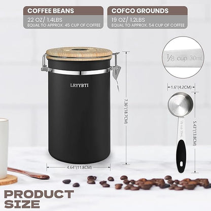 Airtight Coffee Canister,Stainless Steel Coffee Bean Storage Container with Scoop Date Tracker & CO2 Release Valve for Beans, Grounds and more- Black