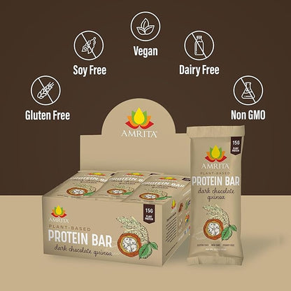 Amrita Nut Free Dark Chocolate Quinoa Vegan Protein Bars (12 CT PK of 3) | 12g Plant-Based Protein Bar | Peanut Free, Gluten Free, and Dairy Free | Low Sugar, High Fiber, Healthy School-Safe Snacks