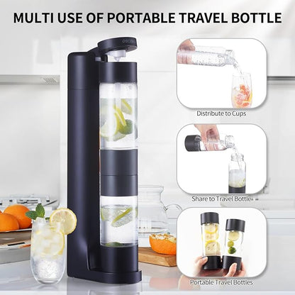 Sparkling Water Machine Soda Maker Beverage Drink Dispenser for Home, Soda Streaming with 1L BPA Free Bottle, 2 Portable Bottle for travel, Seltzer & Carbonator Srew-in 60L CO2 (NOT Included), Black
