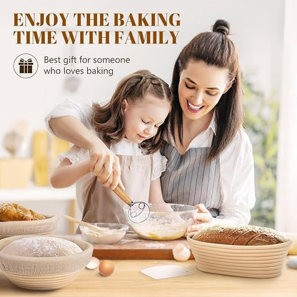 Rorecay Banneton Bread Proofing Baskets Set of 2, 10 Inch Oval Cane Sourdough Bread Rising Basket Bowls with Sourdough Bread Lame Dough Scraper Basting Brush for Sour Dough Proofing Fermentation