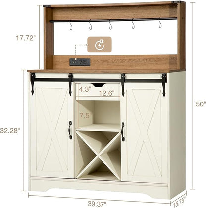 Wnutrees Farmhouse Coffee Bar Cabinet with Charging Station and USB Ports, Sliding Barn Door, 43" Kitchen Hutch Sideboard Buffet Storage Cabinet, Fits Kitchen Dining Living Room, White